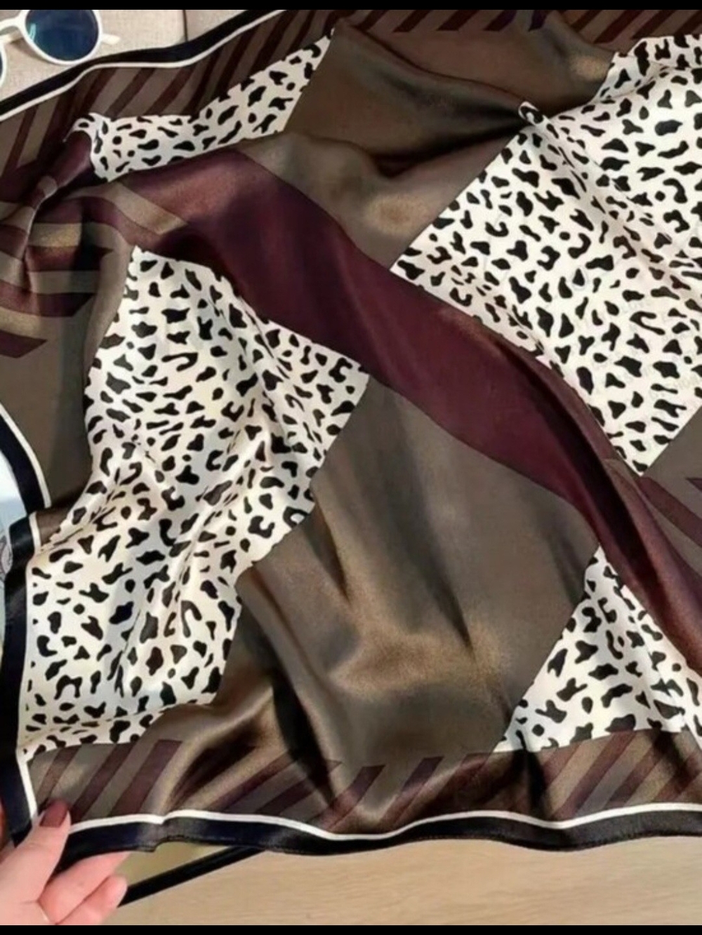 Silk-feel  Brown Panel Scarf Neck Scarf, Head Scarf
